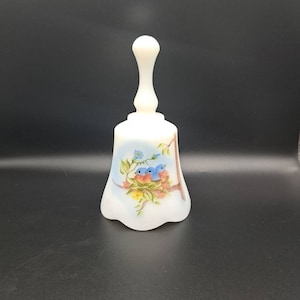 Vintage Fenton Hand Painted Signed Bell, Fenton with Sticker, Collectible West Virginia Glass, Fenton Blue Bird Bell Jackson, Home Decor