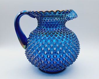 Vintage Fenton Blue Iridescent Hobnail Jug Pitcher, Collectible Fenton, 80 Oz., West Virginia Glass, Vintage Barware, Unsigned, Wedding Gift