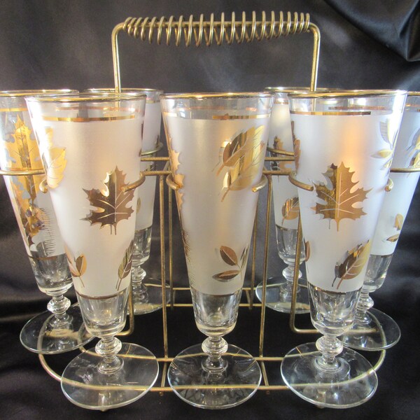 Vintage Libbey Pilsner Glasses in Golden Leaf Set of Seven with Drink Caddy, Mid Century Barware, Vintage Libbey Autumn Fall