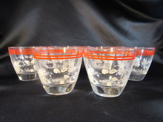 Vintage Double Shot Glasses With Sports Theme and Double Red Ring or Stripe  Set of Six 