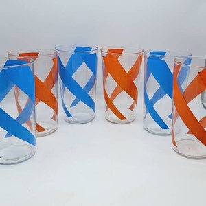 Vintage Orange Swirl Glasses Set, Mid Century Barware, Mid Century Blue Diagonal Swirl Set, Dining and Serving, Collectible Tumblers