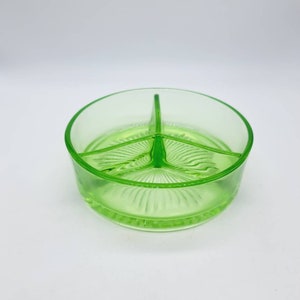 Vintage Depression Glass Divided Dish, Collectible Green Depression, UV Reactive, Vintage Green Glass Nut Relish Dish
