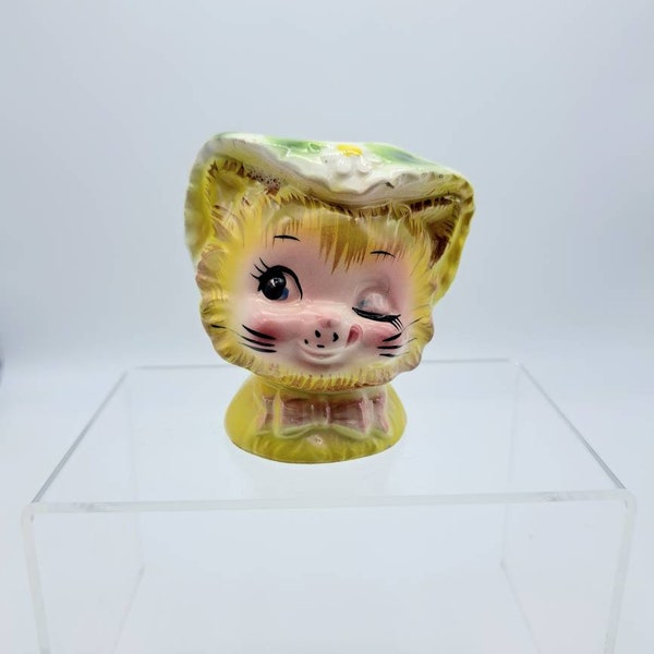 Vintage Enesco Miss Priss Yellow Toothpick Holder, Collectible Yellow Winking Kitty, Mid Century Dining and Serving, Odds and Ends