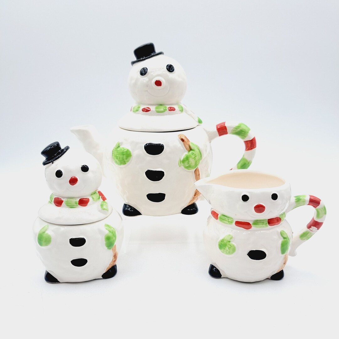 Vintage Enesco Snowman Tea Set, Snowman Pitcher, Creamer and Sugar