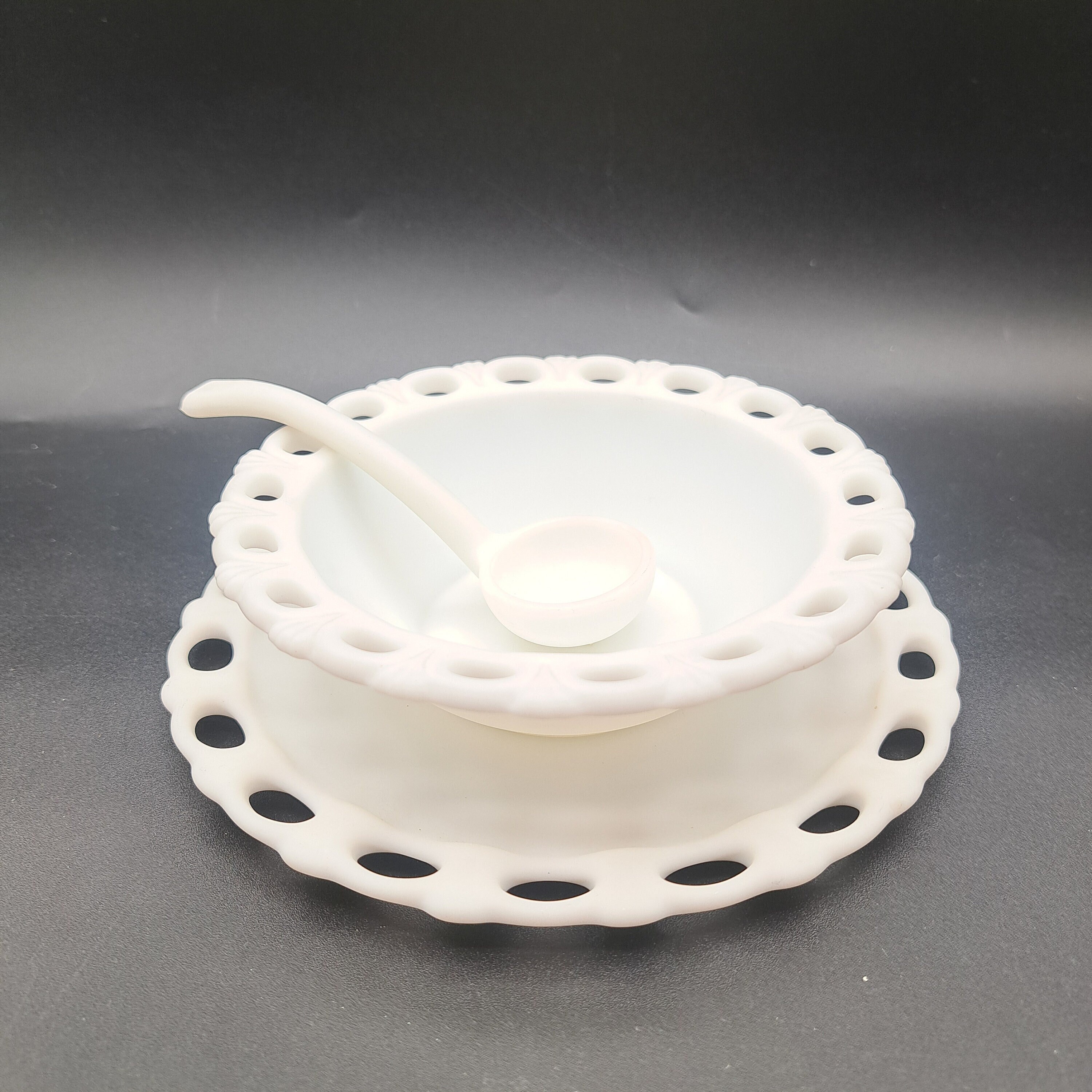 Sticker Underplate Vintage Imperial Glass Satin Milk Glass Bowl, Underplate and Ladle ...
