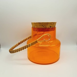 Vintage Takahashi Glass with Wicker Handle and Cork, Collectible Orange Takahashi Glass Canister, Mid Century Home Decor, Storage Container