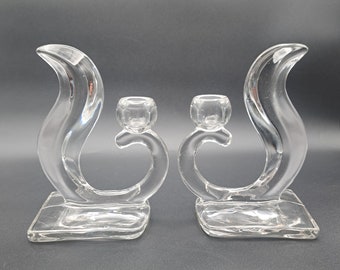 Vintage New Martinsville Flame Clear Candlesticks, Collectible Viking Glass, West Virginia Glass, Mid Century Home Decor