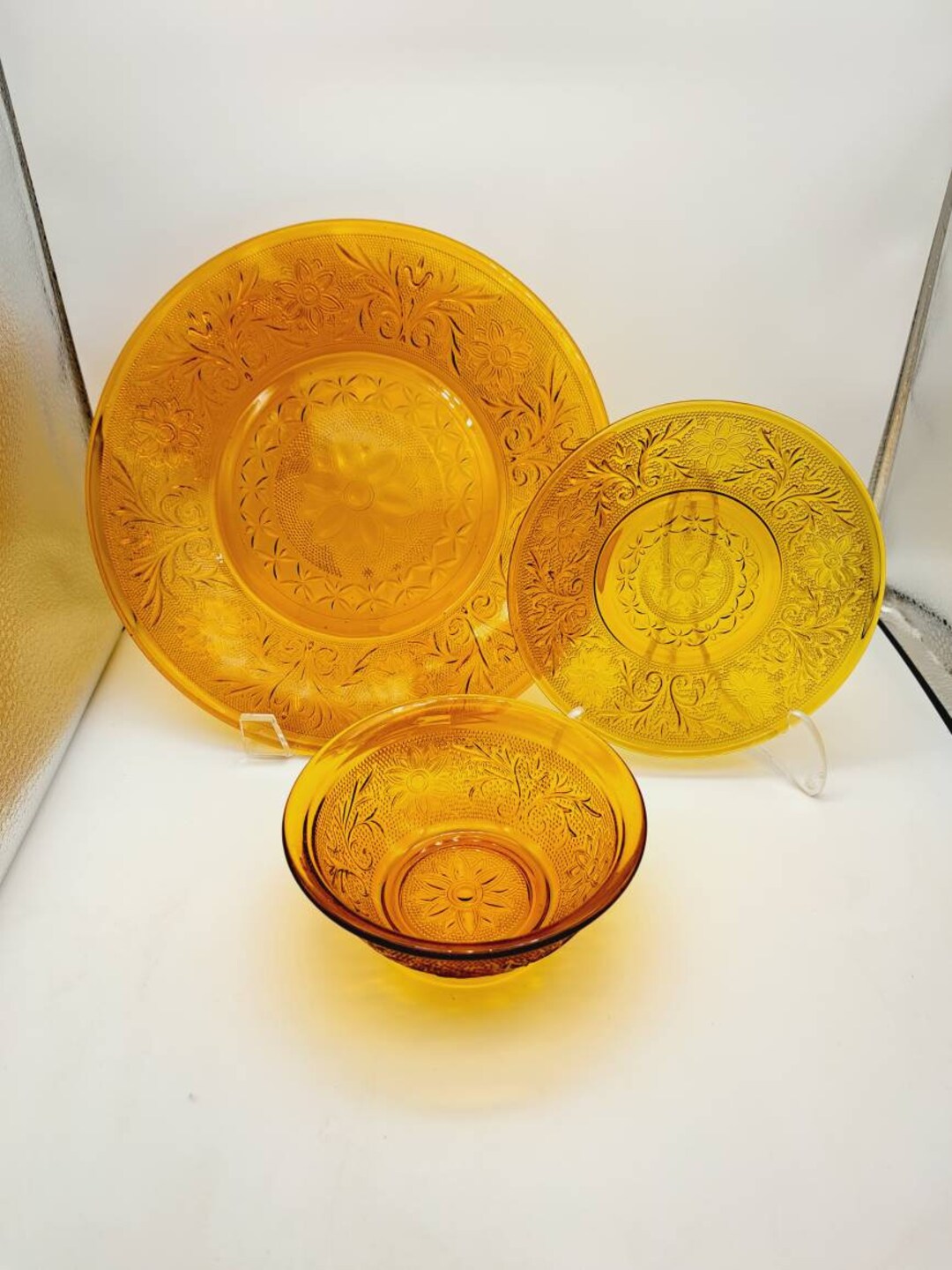 Vintage Indiana Glass Tiara Dinnerware Set, Tiara Glass Plates in Amber, Indiana Glass Tiara