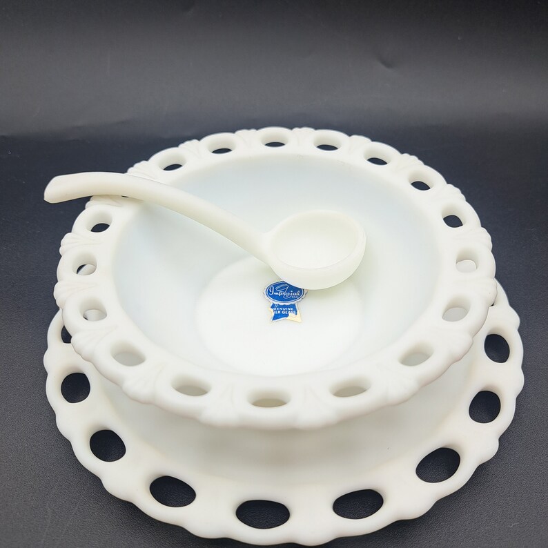 Sticker Underplate Vintage Imperial Glass Satin Milk Glass Bowl, Underplate and Ladle ...