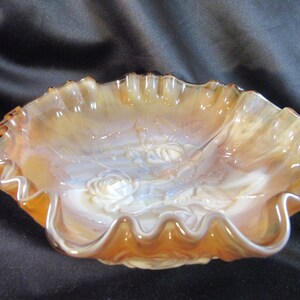 Vintage Imperial Caramel Slag Glass Embossed Rose Bowl Ruffled Edge, Collectible Glass