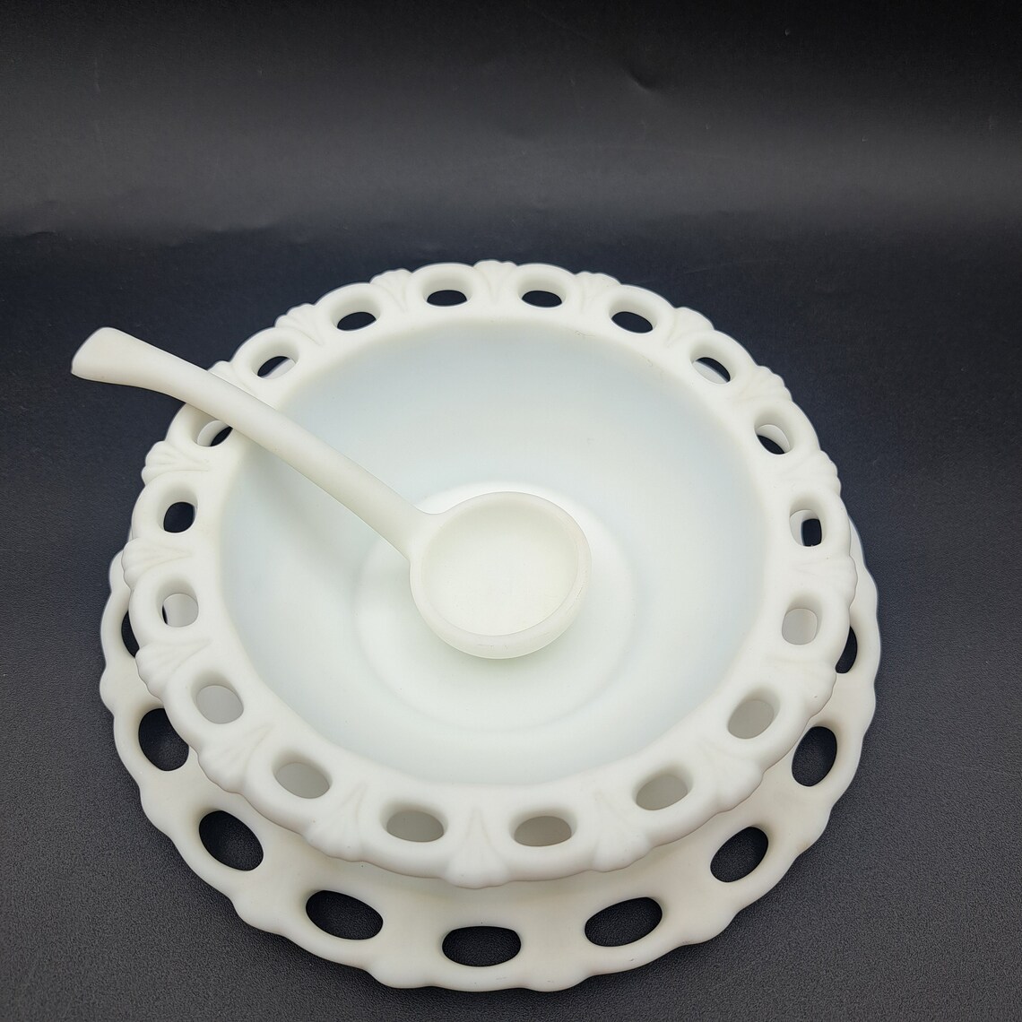 Sticker Underplate Vintage Imperial Glass Satin Milk Glass Bowl, Underplate and Ladle ...