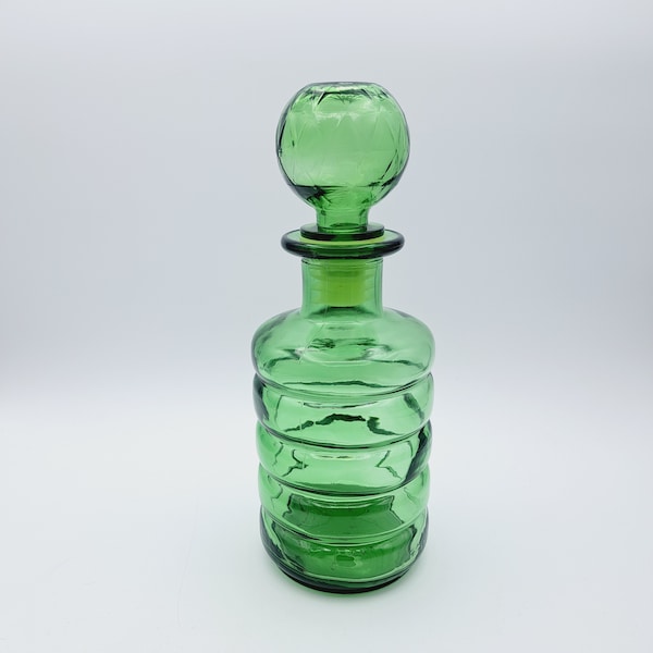 Vintage Italian Glass Bottle with Stopper, Collectible Mid Century Glass, Vintage Barware, Italian Decanter, Green Glass