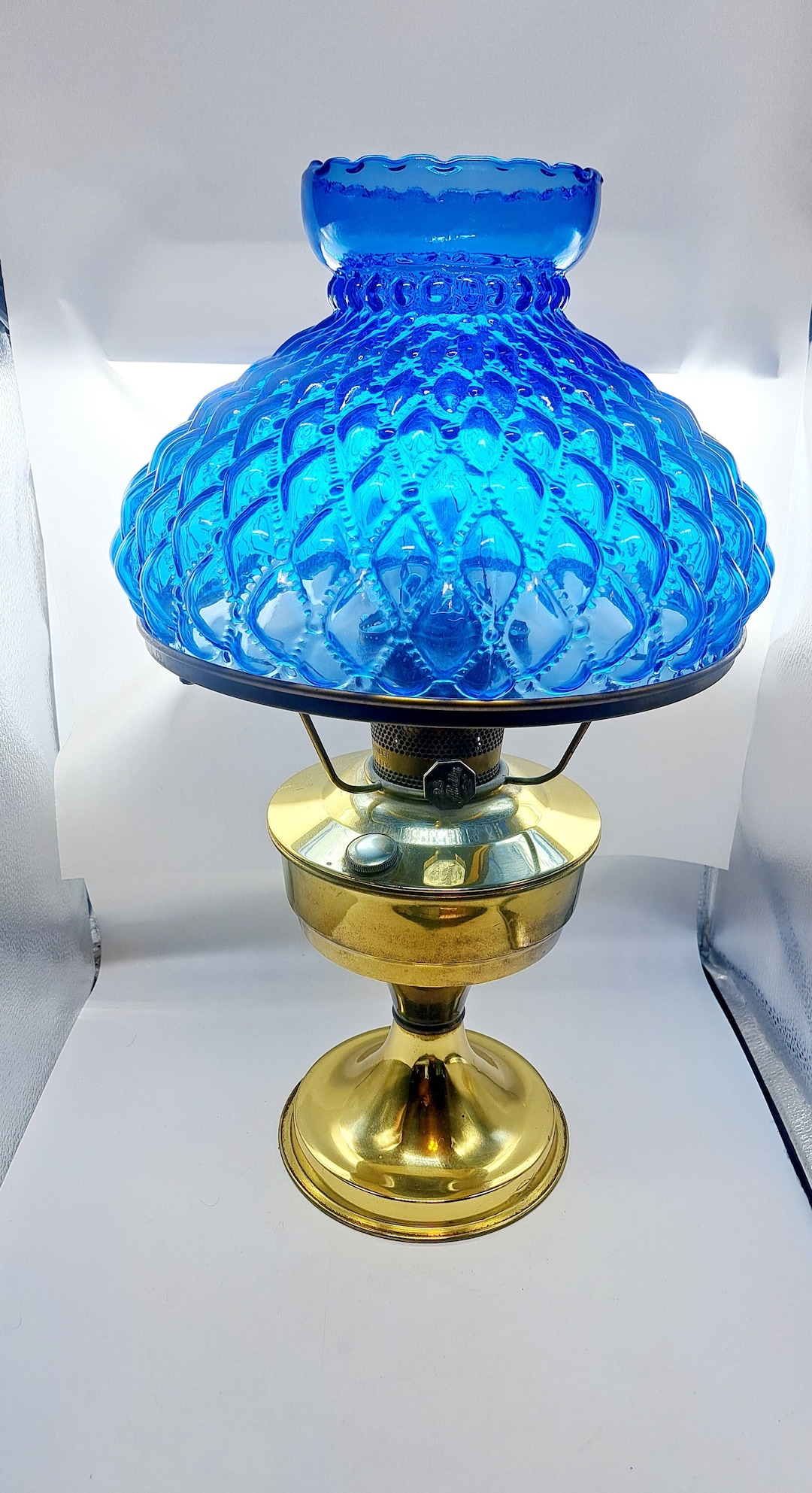 Vintage Aladdin Brass Oil Lamp With Diamond Quilted Shade, NO Chimney