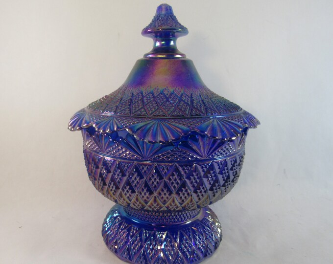 Vintage Fenton Iridescent Blue Pagoda Candy Box, Collectible Fenton