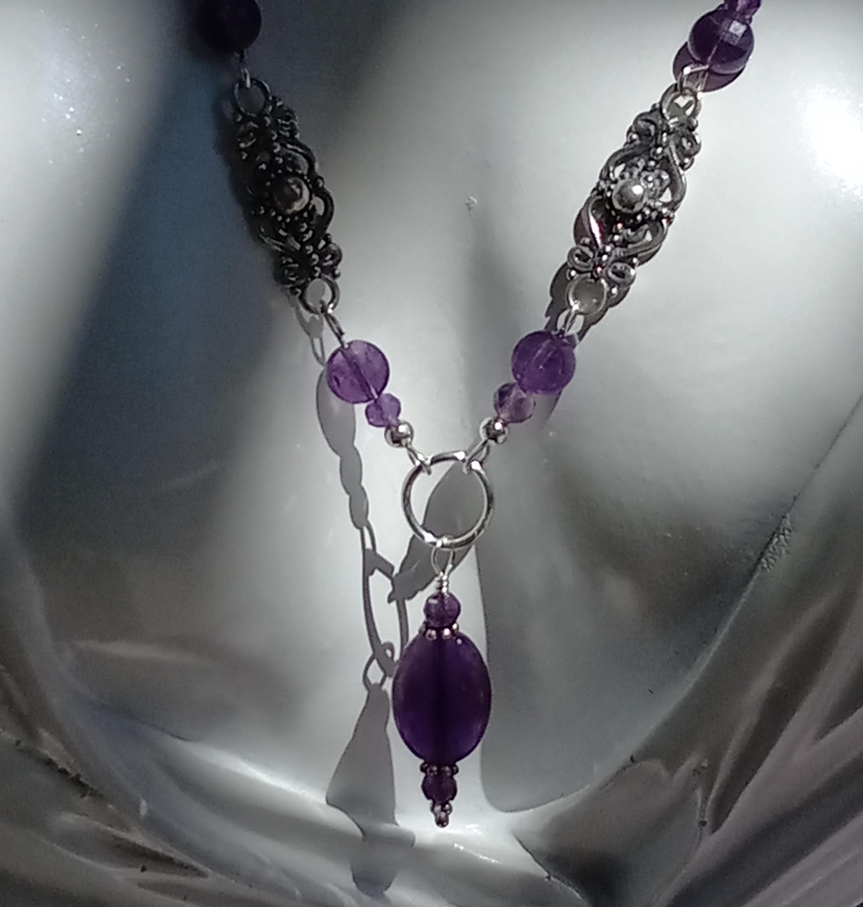 AMETHYST and SS links necklace with pendant.  Genuine gemstones; all sterling silver.  Handmade.  FEBRUARY birthstone.  Lifetime guarantee.