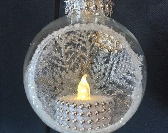 Christmas Ball ornament with silver leaves, rhinestones and tealight.battery operated