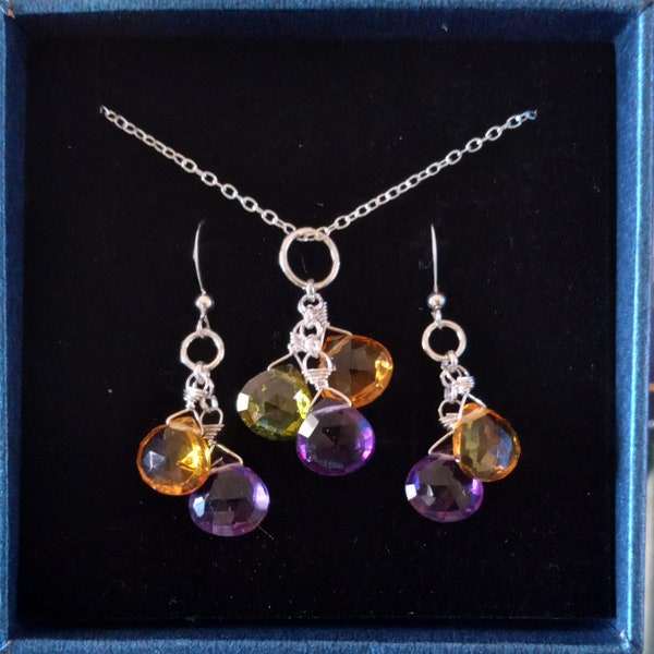 AMETHYST CITRINE and PERIDOT necklace and earring set.  Hand-wrapped with sterling silver.  Lifetime guarantee.  cluster drop dangle cascade