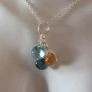 NOVEMBER BIRTHSTONE NECKLACE, hand-wrapped with sterling silver.  Citrine, London Blue Topaz and Swiss Blue Topaz.  Lifetime guarantee.