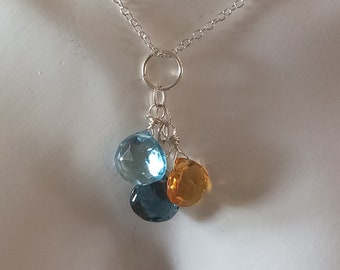 NOVEMBER BIRTHSTONE NECKLACE, hand-wrapped with sterling silver.  Citrine, London Blue Topaz and Swiss Blue Topaz.  Lifetime guarantee.