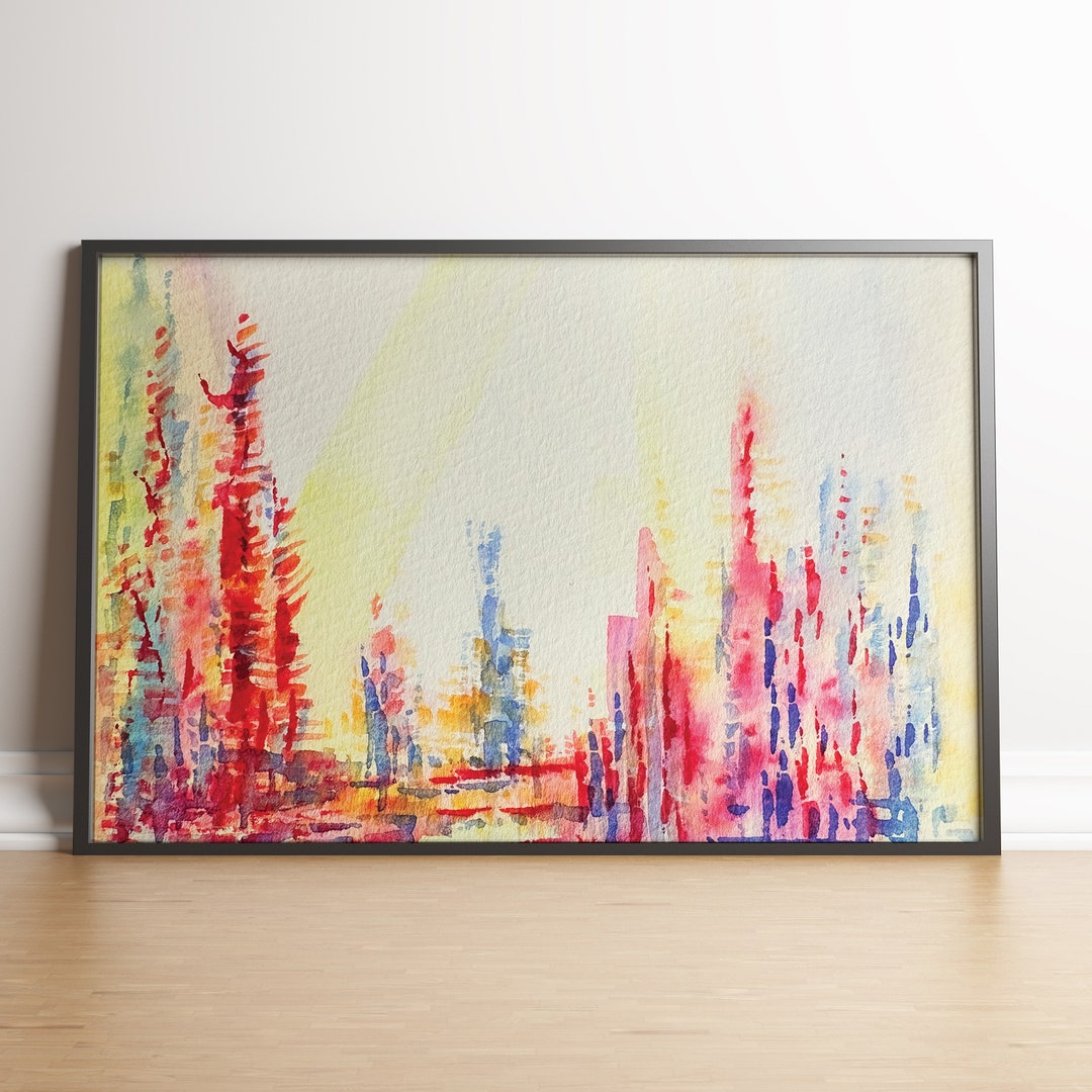 Horizontal Abstract Wall Art, Colorful Abstract Watercolor Print, Vivid