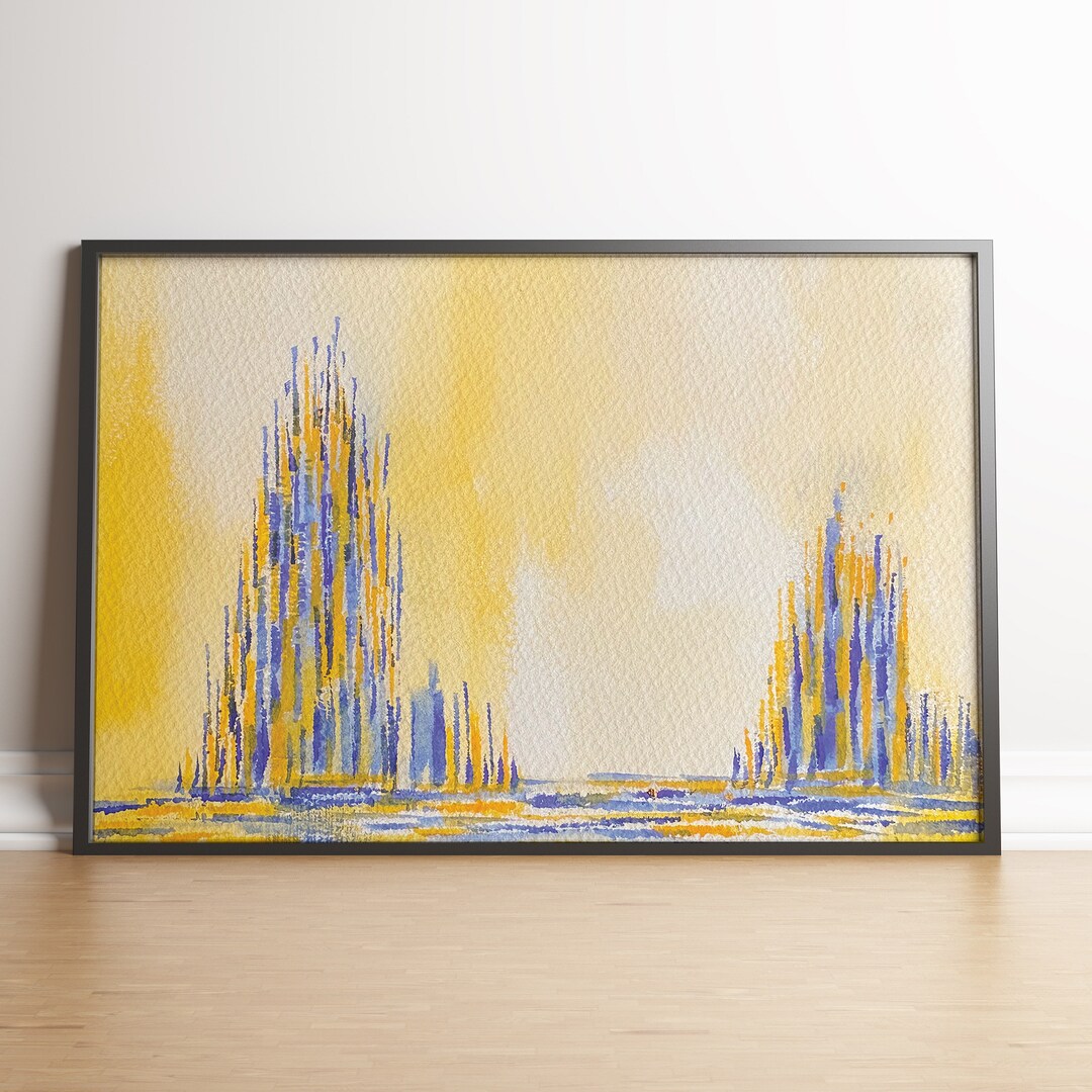 Horizontal Abstract Wall Art, Yellow and Blue Watercolor Print, Abstract Watercolor Landscape