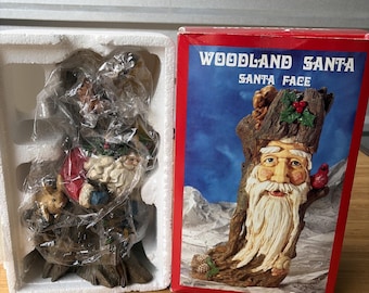 Vintage Woodland Santa Face statue in original box. Carved Tree stump imitation