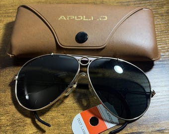 NOS New Vintage Apollo Men’s Metal Framed Aviator Sunglasses Lenses w Case