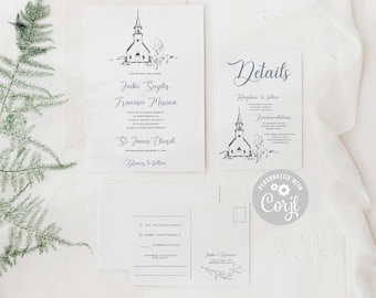 Going to the chapel wedding invitation suite, RSVP postcard, detail card, 100% editable, printable template RSVP, detail, dusty blue