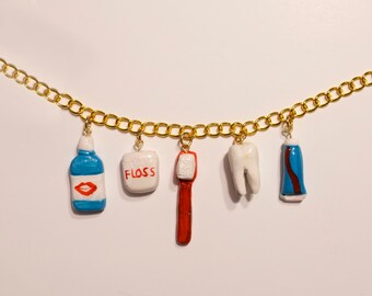 Charm Necklace | Dental Charms | Toothbrush, Toothpaste, Tooth, Floss, Mouthwash | Quirky Necklace | Blue, White, Red