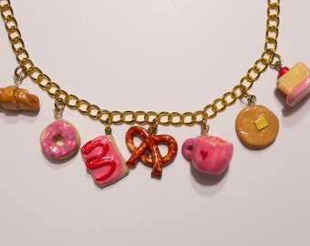 Charm Necklace | Food Charms | Handmade Necklace | Sweets Necklace | Croissant, Donut, Poptart, Pretzel, Coffee, Pancake, Cheesecake | Pink