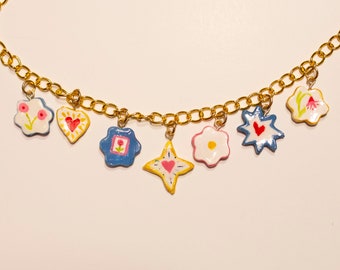 Charm Necklace | Flower Charms | Star Charms | Flower Jewelry | Pink, Blue, Yellow