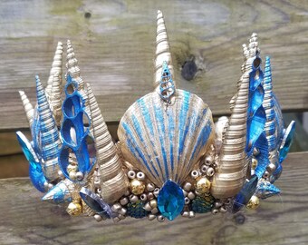 Gold blue seashell mermaid crown merman crown