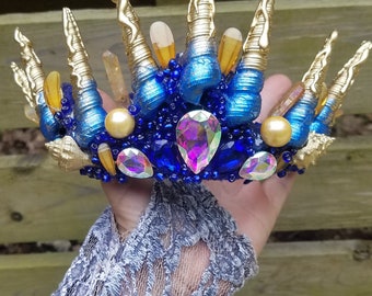 Mermaid merman gold drip and blue  spiral shell crown