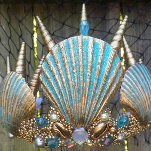 Mermaid crown , Tourqoise and  gold seashell  " Arlos" mermaid costume