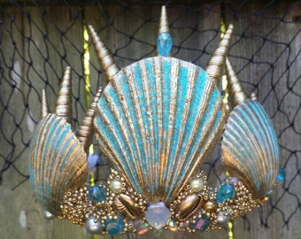 Mermaid crown , Tourqoise and  gold seashell  " Arlos" mermaid costume