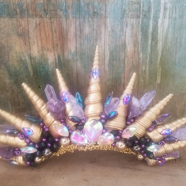 Gold Amethyst seashell large tiara crown