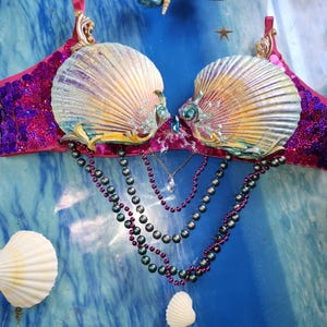 Mermaid bra size 38 C bra top fuchsia multi color real seashells shell