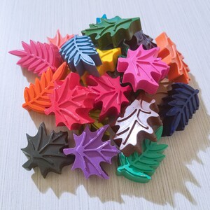 May include: A collection of colorful leaf-shaped crayons in various shades of red, orange, yellow, green, blue, purple, and brown.