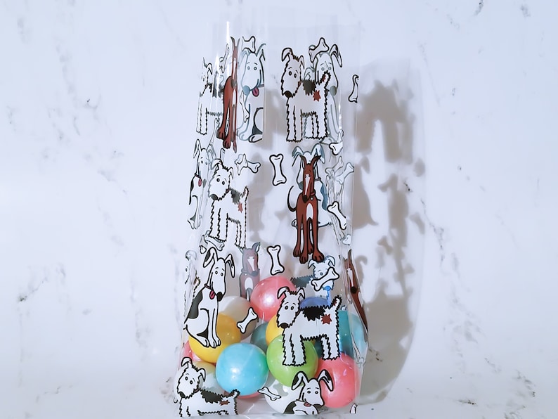 10 Small Dog Themed Printed Clear Cello Treat Bags.