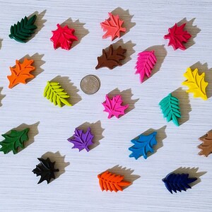 May include: Assortment of 17 leaf-shaped crayons in various colors, including green, red, orange, yellow, pink, purple, blue, brown, and black. The crayons are arranged in a circle on a white surface.
