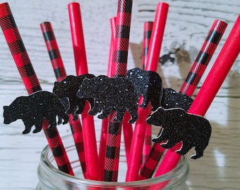 Straws Bear Straws Buffalo plaid Rustic Theme party rustic wedding