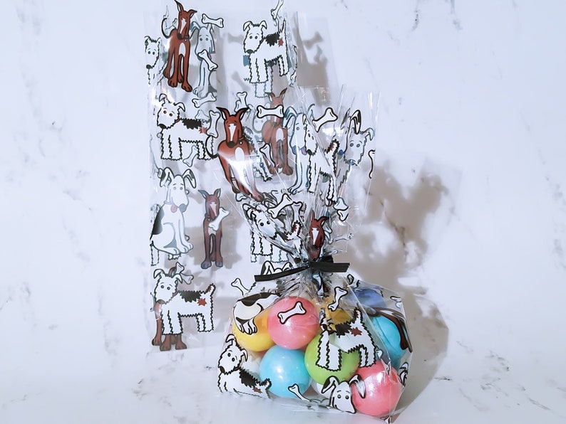 10 Small Dog Themed Printed Clear Cello Treat Bags.