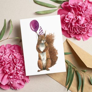 Niedliche Eichhörnchen Geburtstagskarte - Aquarell Eichhörnchen mit Ballon & Partyhut von Nessa Art - wunderliche Grußkarte, Eichhörnchen Geschenkidee