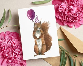 Biglietto di auguri di compleanno con scoiattolo acquerello: biglietto di auguri con cappello da festa stravagante