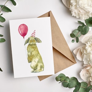 Bunny with a Balloon Greeting Card, Sweet Birthday Card, Rabbit Card, Party Rabbit Card, Watercolor Bunny Card, Party Card, Rabbit Party