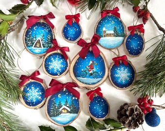 Hand-Painted Wood Slice Christmas Ornaments • Phthalo Blue, Set of 10