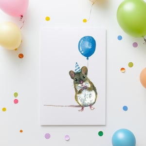 Souris tenant une carte ballon, carte d'anniversaire, carte de voeux souris, art aquarelle souris, carte souris, carte mou avec ballon, carte d'anniversaire drôle