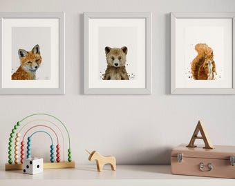 Woodland Animal Nursery Prints: Fox, Bear, Squirrel A4 Art (Set of 3)