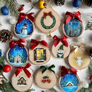 May include: Twelve unique hand-painted Christmas ornaments on wood slices.  Each slice features a different winter scene, including snowmen, churches, houses, a gnome, an angel, and a Christmas wreath.  The ornaments are adorned with red and green ribbons.  The background includes pine branches and decorative elements. rustic Christmas ornament
hand painted wood slice
winter scene ornament
handmade holiday decor