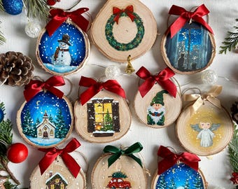 Hand-Painted Wood Slice Ornaments – Rustic Christmas Tree Decorations, Handmade Holiday Decor
